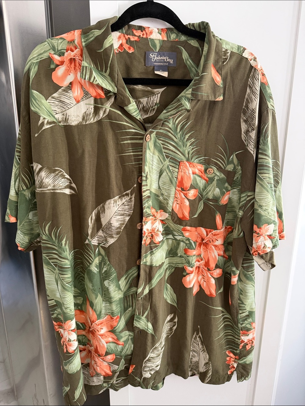 St. John's Bay Olive and Coral Floral Camp Shirt